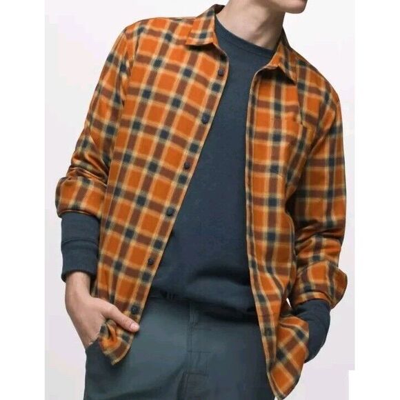 Prana Los Feliz‎ Flannel Shirt Standard Fit Men's Size Small Gingerbread Plaid - Picture 1 of 9